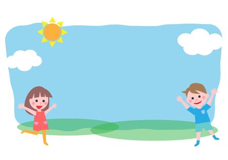Boy and girl playing outside. Vector illustration.のイラスト素材