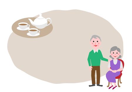 Grandfather and grandmother and tea set. Vector illustration.のイラスト素材