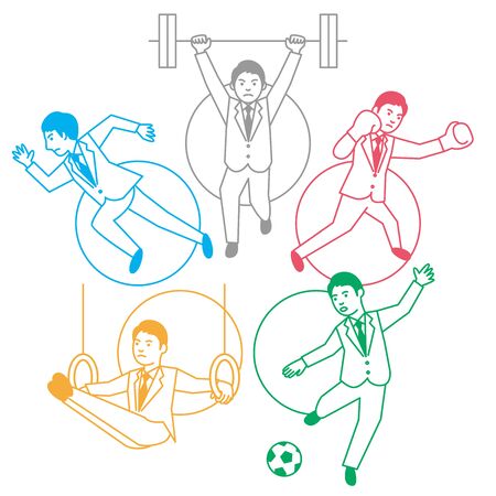 Business man playing multiple sports on white background. Vector illustration.のイラスト素材