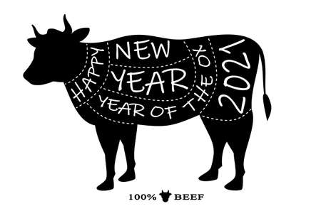 Happy new year card 2021 of beef cuts. Vector illustration.のイラスト素材