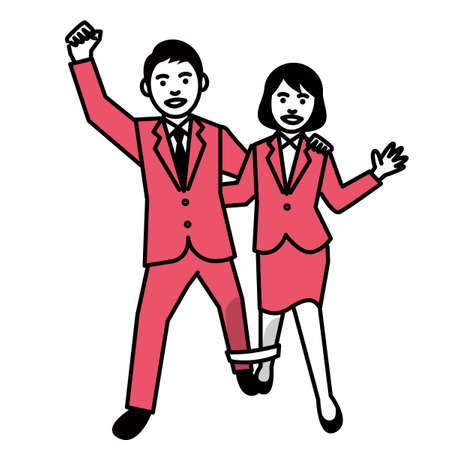 Three legged race by businessman and businesswoman. Vector illustration.のイラスト素材