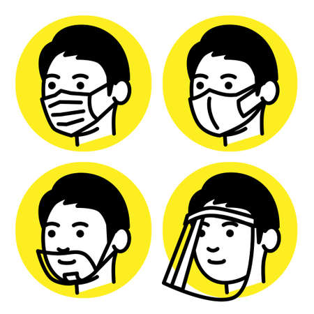 Men with medical mask, mouth shield and face shield. Vector illustration.のイラスト素材