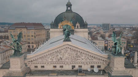 Lviv, Ukraine - 17, December 2019. Aerial European City. Popular Lviv Opera. Central part of old city. Panorama of the ancient townのeditorial素材