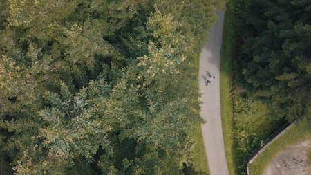 Young couple together walk in the park. Summer weather. Shooting from the air. Aerial shotの写真素材