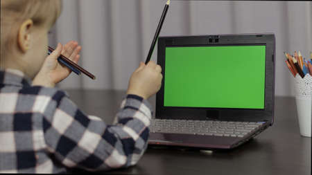 Online e-learning, children distance education lesson, technology for kids. Child girl doing school homework, using laptop computer at home. Video call by webcam on internet. Chroma key. Green screenの写真素材