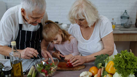 Elderly grandparents in kitchen teaching grandchild girl how to cook, chopping red pepper. Senior...