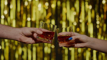 Raising toast with glasses of brandy or rum. Two hands with glasses of cognac whiskey with ice cubes making cheers on gold background. Celebration of business success, Christmas, anniversary, birthdayの写真素材