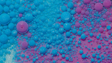 Colorful blue purple bubbles wallpaper themes background. Multicolor space universe concept. Fantastic hypnotic surface. Abstract pattern chemical reaction texture liquid paint motion bubble in waterの写真素材