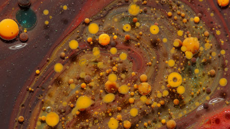 Top view movement of bright oil bubbles in slow motion. Multicolored surface background. Fantastic...