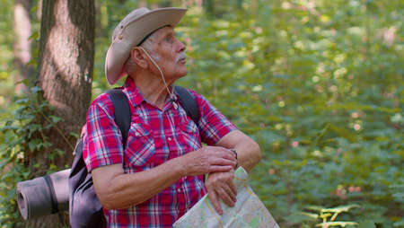 Caucasian male hiker grandfather standing in forest, examining route plan. Senior old tourist man...