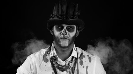 Sinister man with horrible Halloween skeleton makeup in shirt with blood making faces, looking at camera, trying to scare. Horror theme. Day of The Dead. Isolated on black background. Black and whiteの写真素材