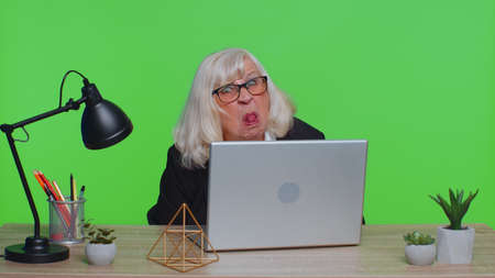 Senior mature business woman lady hiding behind laptop computer, making funny face, fooling around, putting her tongue out remote working disrespecting someone at home office. Mature comic grannyの写真素材