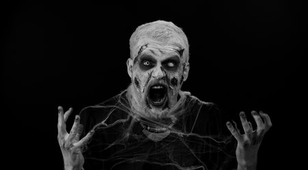 Dissatisfied aggressive man with Halloween zombie bloody wounded makeup asking reason of failure,...