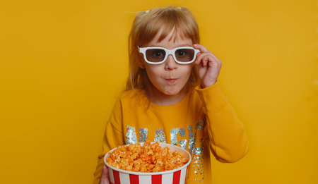 Excited young toddler school girl in 3D glasses eating popcorn, watching interesting tv serial, sport game, film, online social media movie content. Teen female child kid on studio yellow backgroundの写真素材