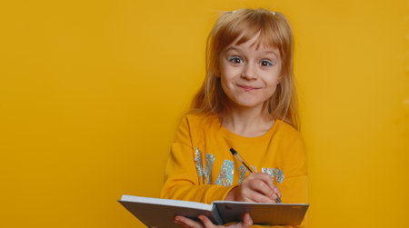 Thoughtful young preteen child girl kid making notes, writing down thoughts with pen into notepad notebook diary, to do list, good idea. Little toddler children pupil isolated on yellow backgroundの写真素材