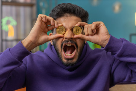 Indian man freelancer holding two gold coins successful developer programmer. Hindu guy stock trader...