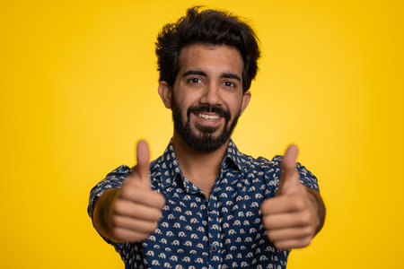 Like. Indian young man in shirt raises thumbs up agrees with something, gives positive reply recommends advertisement likes good. Handsome bearded hindu guy isolated alone on yellow studio backgroundの写真素材