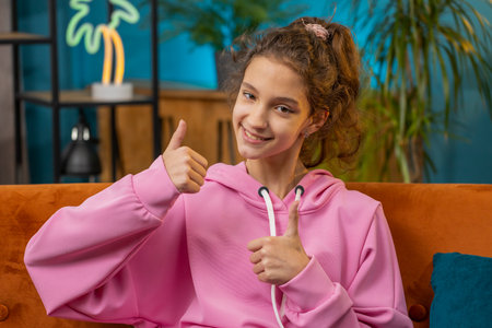 Like. Happy Caucasian preteen school girl looking approvingly at camera showing thumbs up, like sign...