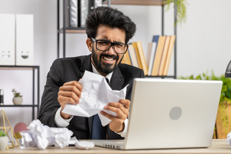 Angry furious indian man working at office throwing crumpled paper, having nervous breakdown at work, migaine, headache, stress management, mental distress problems, losing temper, reaction on failureの写真素材
