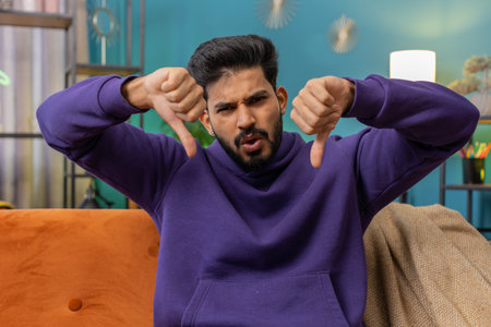 Dislike. Upset indian man showing thumbs down sign gesture, expressing discontent, disapproval...