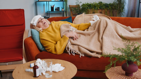 Grandmother ill woman suffering from cold or allergy lying on sofa in room at home apartment. Sick senior lady with towel on head blows sneezes wipes snot into napkin. Coronavirus quarantine, pandemicの写真素材