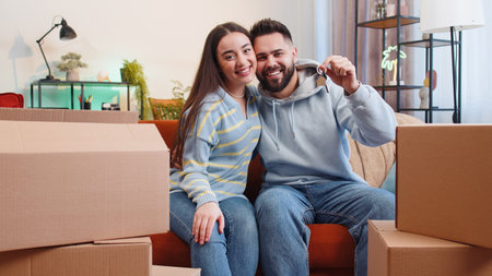 Young family marriage couple man woman lifting hand showing the keys of new home house apartment,...