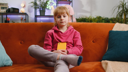 Child kid girl use smartphone, playing game, loses becoming surprised sudden lottery results, bad...