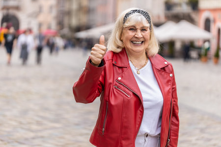 Like. Happy senior woman looking approvingly at camera showing thumbs up, like sign positive...