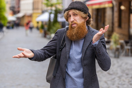 I dont know what to say. Confused young bearded man feeling embarrassed about ambiguous question,...