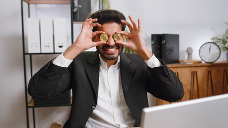 Indian bearded businessman stock trader earning bitcoins after online monitoring trading operations. Increasing wealth, financial prosperity. Freelancer man working on laptop at home office workplaceの写真素材