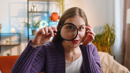 Investigator researcher scientist young woman holding magnifying glass near face, looking into...