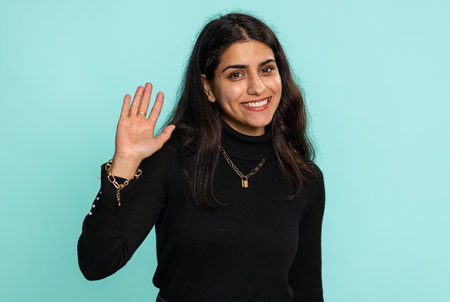Come here, join us. Welcome. Hindu arabian woman showing inviting gesture with hands, ask to join,...