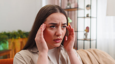 Displeased young woman rubbing temples to cure headache problem, suffering from tension and...