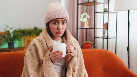 Young ill woman suffering from cold or allergy sitting on sofa in living room at home drinking hot...