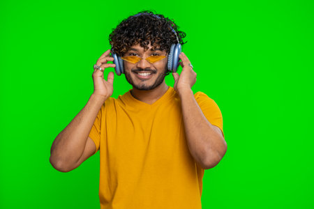 Happy indian man in headphones listening music and dancing disco fooling around having fun expressive gesticulating hands, relaxing on party. Hindu guy isolated alone on studio chroma key backgroundの写真素材
