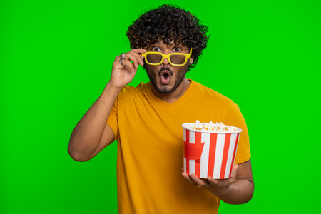 Excited indian man in 3D glasses eating popcorn, watching interesting tv serial, sport game, film, online social media movie content. Hindu guy enjoying domestic entertainment on chroma key backgroundの写真素材