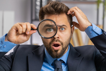 Investigator researcher scientist business man working at office holding magnifying glass near face looking into camera with big zoomed funny eye, searching, analysing. Professional freelancer guyの写真素材