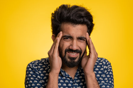Handsome indian bearded man in shirt rubbing temples to cure headache problem, suffering from...