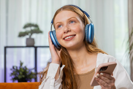 Teenager happy overjoyed child girl in wireless headphones relaxing sits on couch at home apartment...