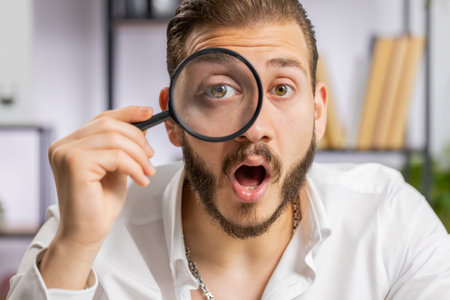 Investigator researcher scientist businessman working at home office holding magnifying glass near face looking into camera with big zoomed funny eye, searching, analysing. Professional freelancer manの写真素材