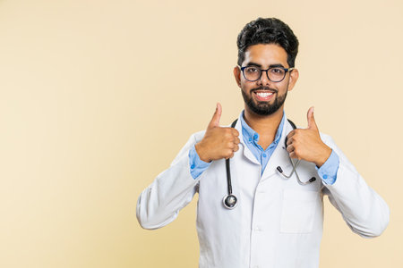Like. Indian young doctor cardiologist man raises thumbs up agrees, gives positive reply good idea feedback, celebrating success victory. Arabian apothecary pharmacy guy isolated on beige backgroundの写真素材