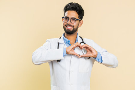 Indian doctor cardiologist man in love. Smiling attractive Arabian apothecary pharmacy guy makes heart gesture demonstrates love sign expresses good positive feelings isolated on beige backgroundの写真素材