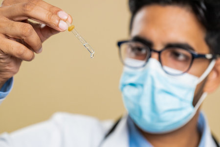 Indian young doctor cardiologist scientist man carefully drips the liquid from the pipette. Close up of Arabian apothecary pharmacy guy dripping doing research analysis isolated on beige backgroundの写真素材