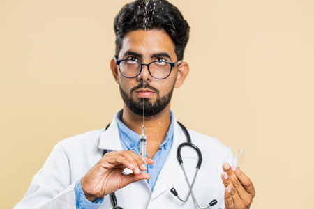 Indian young doctor cardiologist man holds syringe needle and ampoule tube with medical vaccine medicine treatment injection ready to use. Immunization. Arab scientist guy isolated on beige backgroundの写真素材