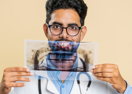 Indian young doctor orthodontist man examines a panoramic x-ray picture of the jaw teeth. 3D model...
