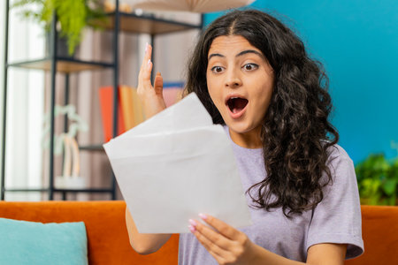 Happy Indian woman open envelope letter, reading it, wow. Career growth advance promotion, bank loan approve, successful admission to university monetary award invitation great news, lottery game winの写真素材