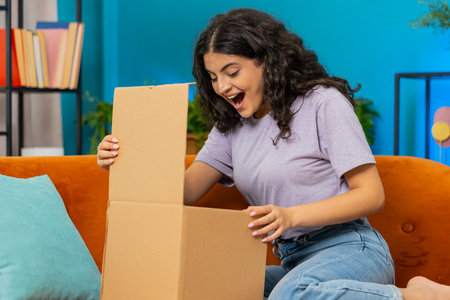 Happy Indian young woman unpacking delivery parcel sits at home. Smiling satisfied Arabian Hindu...