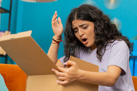 Angry dissatisfied shopper Indian woman unpacking parcel feeling upset and confused with wrong mistake delivery from an online store, bad quality broken purchase at home. Girl indoors in room on couchの写真素材