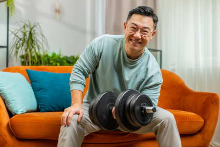 Asian man weight lifting dumbbells, training biceps, workout, burning fat calories, training strength practicing effort domestic fitness aerobics at home room apartment. Sporty adult guy sits on couchの写真素材