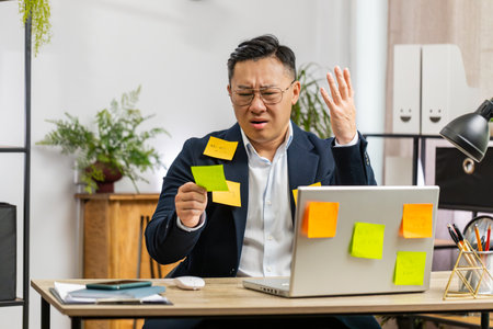 Tired exhausted Asian businessman working on laptop at office with many sticker task inscriptions....